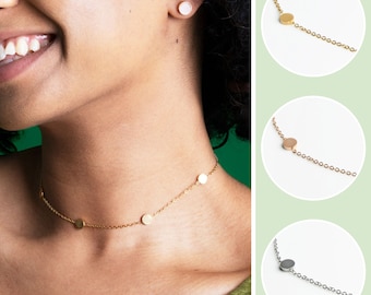Gargantilla con discos, collar de oro con discos, collar de acero inoxidable plateado, collar hipoalergénico de oro rosa