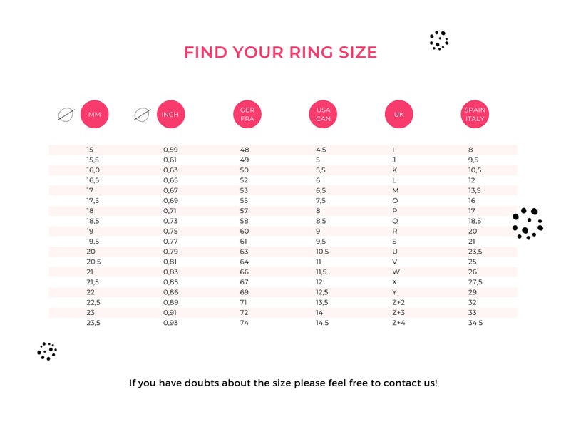 May include: A chart showing ring sizes in millimeters, inches, US, UK, French, Spanish, and Italian sizes. The chart includes a range of sizes from 15 mm to 23.5 mm.
