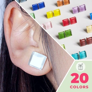 Colorful stud earrings minimalist upcycled jewellery small gifts for her artsy vintage glass in 20 COLORS