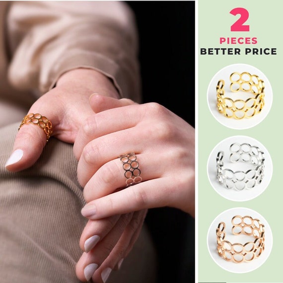 Bague Acier Inoxydable Bagues Femme Adramata - Lot De 5 Bagues Réglables Plaqué Or 14K - Style Minimaliste Et Empilable Bijoux Plaqué Or