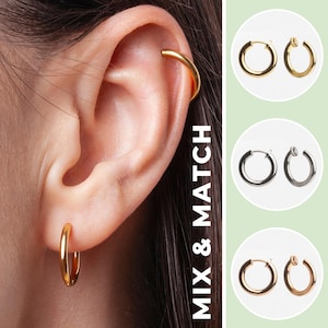 Petites créoles clip d'oreille en argent, or, or rose | personnalisable avec des pendentifs en 24 couleurs | Mélangez et assortissez les bijoux
