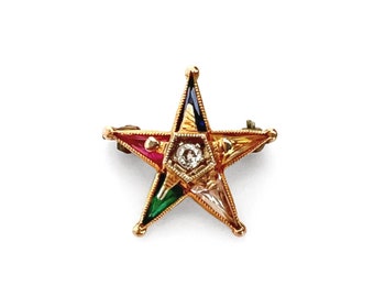 10K Gold Eastern Star Pin With Diamond and Multi Colored Stones