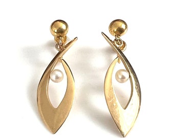 14K Gold Dangle Screw On Earrings With Cultured Pearls