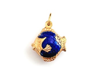 18K Gold With Cobalt Blue Enamel Fish Pendant / Charm