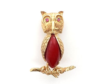 18K Gold Owl Brooch With Coral and Ruby Eyes