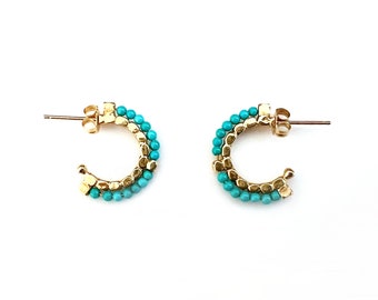 14K Gold and Turquoise Bead Hoop Pierced Earrings