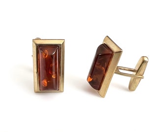 8K Gold Rectangle Cufflinks With Amber