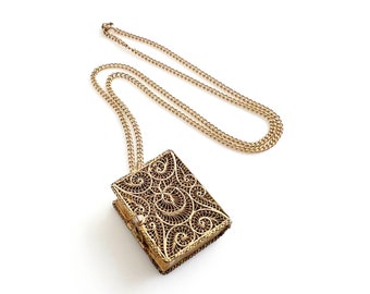 Gilt Sterling Silver Filigree Quran Book Pendant On Gold Filled Chain Necklace