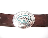Navajo Leander Nezzie Sterling Silver Bear Buckle With Chip Inlay Turquoise And Coral 31 Inch