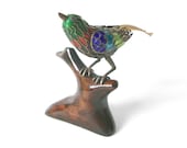 Chinese Cloisonné Enamel Gilt Filigree Bird Perched On Rosewood Stand