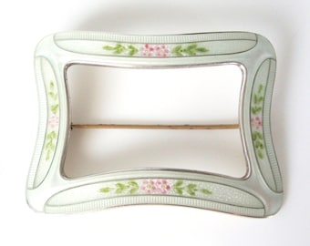 Antique Guillioche Enamel Sterling Silver Sash Buckle Brooch