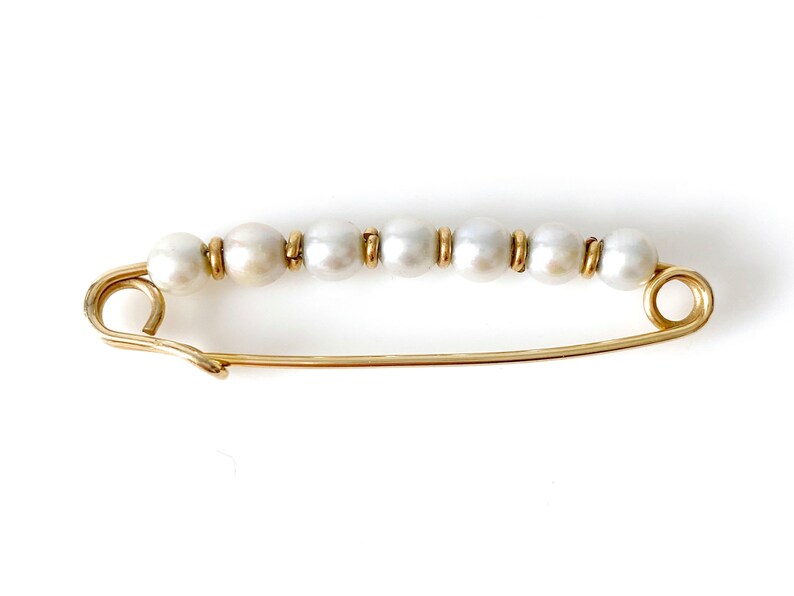 14K Gold Safety Pin Brooch With Cultured Pearls / 14K Gold Etsy