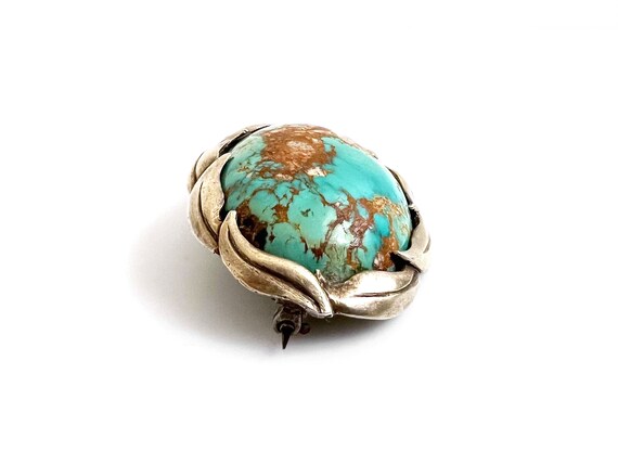 Antique Gilt Sterling Silver Turquoise Oval Brooch View 6