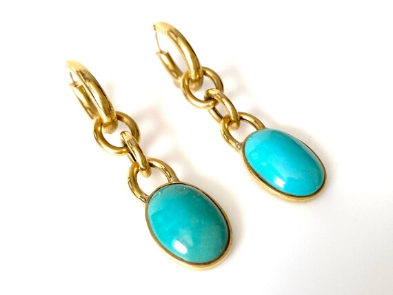 18K Gold Pierced Dangle Earrings Set With Turquoi… - image 4