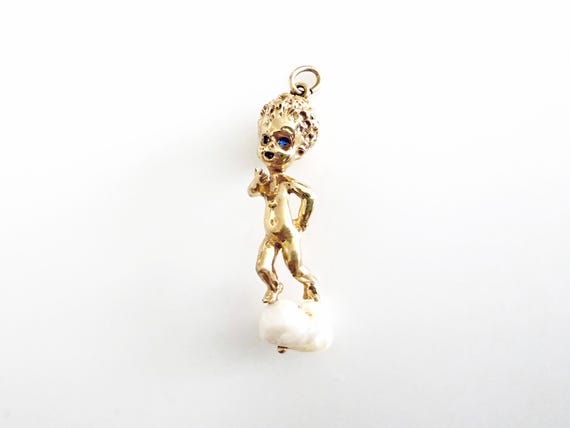14K Gold Ruser Style Cherub Pendant With Pearl and Sapphire Eyes