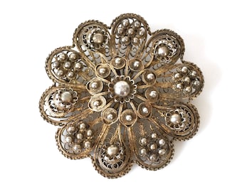 Fine Filigree Vermeil Sterling Silver Floral Brooch