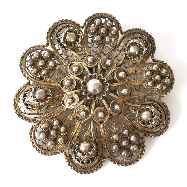 Fine Filigree Vermeil Sterling Silver Floral Brooch