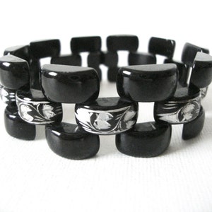 Vintage Deco Styled Chunky Black Enamel Link Bracelet With Engraved Design