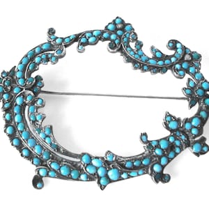 Victorian Sterling Silver Brooch Set With Turquoise and Pearls