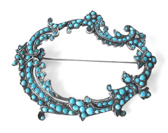 Victorian Sterling Silver Brooch Set With Turquoise and Pearls