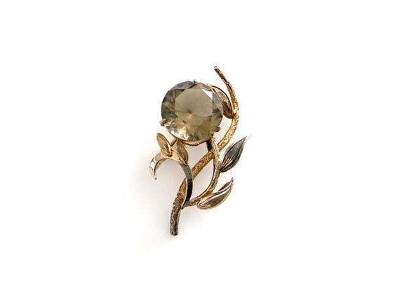 Floral Gilt Sterling Silver Smoke Topaz Brooch / Worn Gilt
