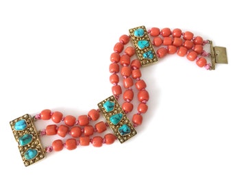 Antique Chinese Gilt Silver and Coral Bead Bracelet Set With Turquoise Stones