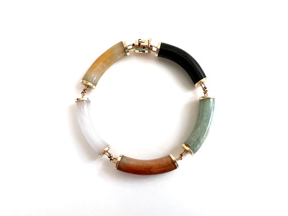 14K Gold and Multi Colored Jade and Onyx Bracelet - image 2