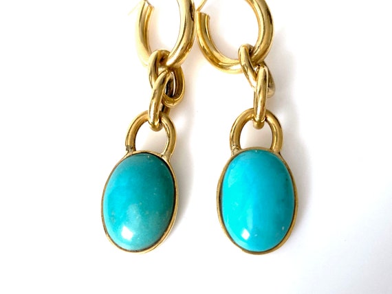 18K Gold Pierced Dangle Earrings Set With Turquoi… - image 5