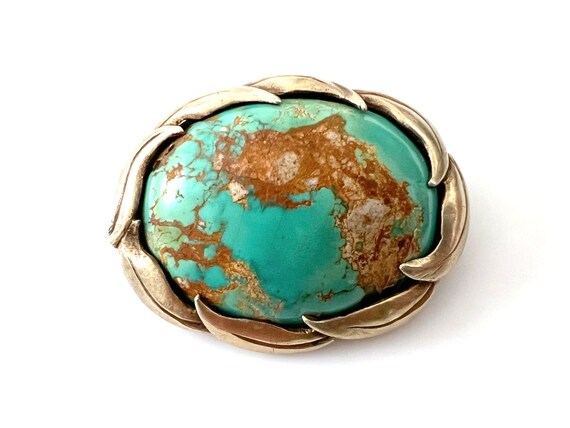Antique Gilt Sterling Silver Turquoise Oval Brooch View 2