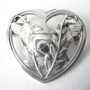 Georg Jensen Sterling Silver Heart Brooch With Dove Marked GJ Circa 1933 to 1944 Style 239