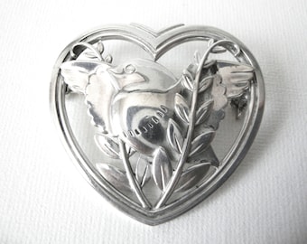 Georg Jensen Sterling Silver Heart Brooch With Dove Marked GJ Circa 1933 to 1944 Style 239