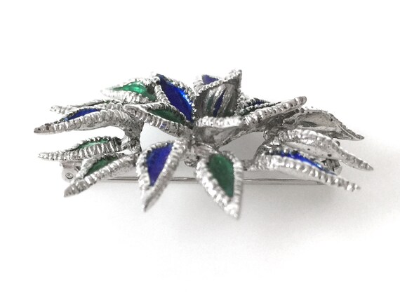 Floral Blue And Green Enameled Sterling Silver Br… - image 4