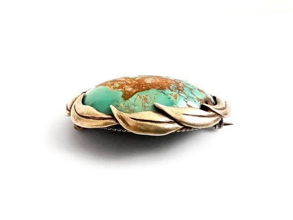 Antique Gilt Sterling Silver Turquoise Oval Brooch View 5
