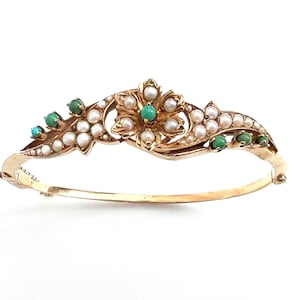 14K Gold Hinged Floral Bracelet With Sea Pearls and Turquoise Stones / 6 1/2&quot;