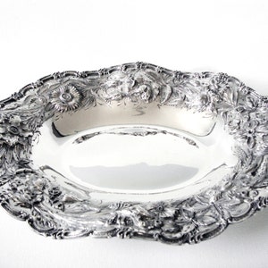 Antique S Kirk And Son Sterling Silver Repousse Oval Fruit Dish Number 134 Circa 1896 to 1914