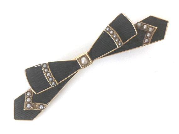 Art Deco 14K Gold And Pearl Black Bow Brooch - image 2