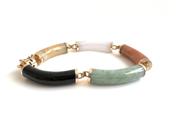 14K Gold and Multi Colored Jade and Onyx Bracelet - image 4