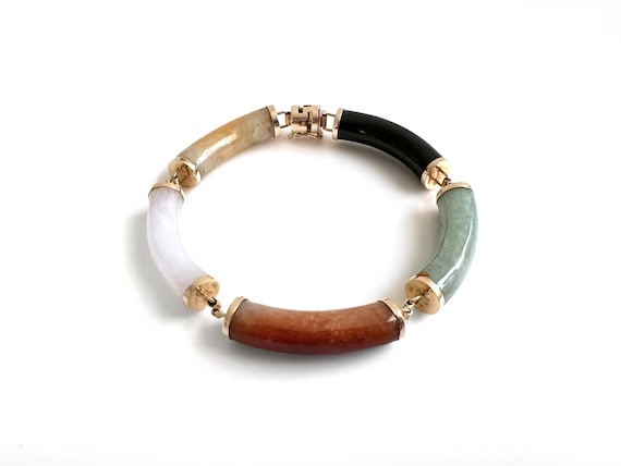 14K Gold and Multi Colored Jade and Onyx Bracelet - image 1