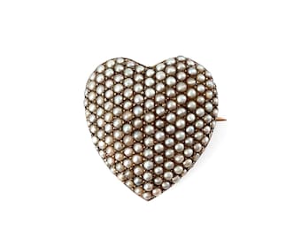Victorian 9K Heart Seed Pearl Brooch / Pendant
