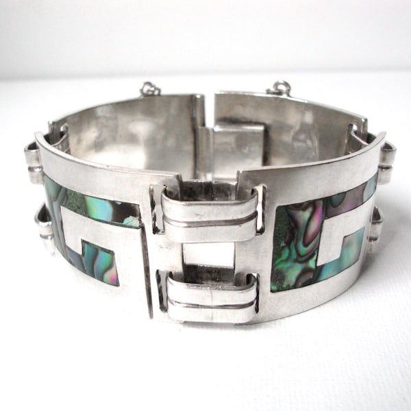 Francisco Rivera For Emma Melendez Sterling Silver Link Bracelet Abalone Inlay Made Taxco Mexico