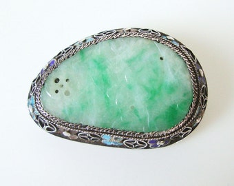 Antique Chinese Carved Jade Set in Silver Cloisonne Enamel Setting