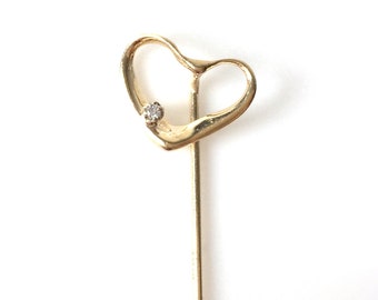 14K Gold Heart Stick Pin With Faux Diamond