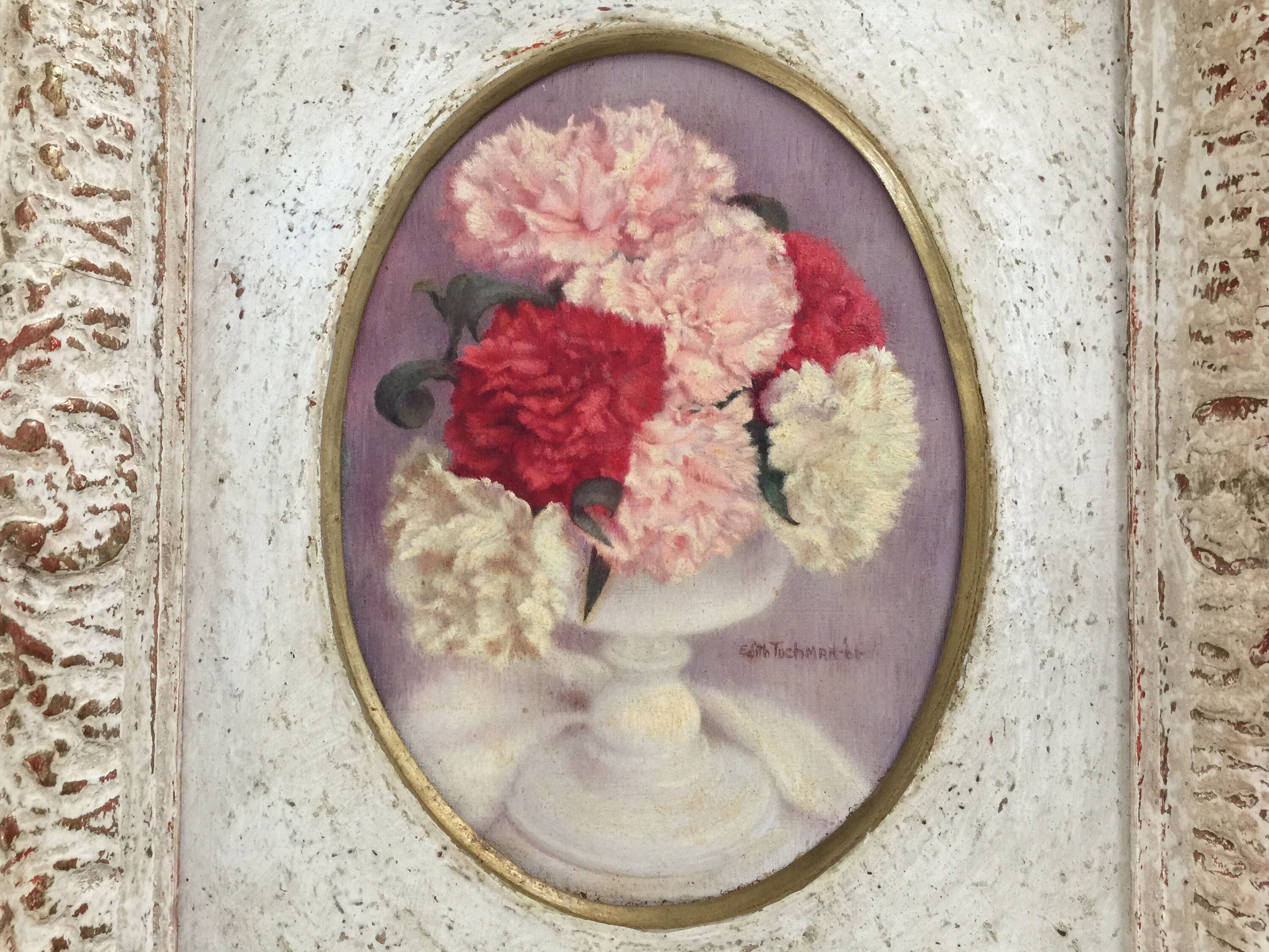 Floral Still Life Oil Painting of “carnations in A Milk Glass” by