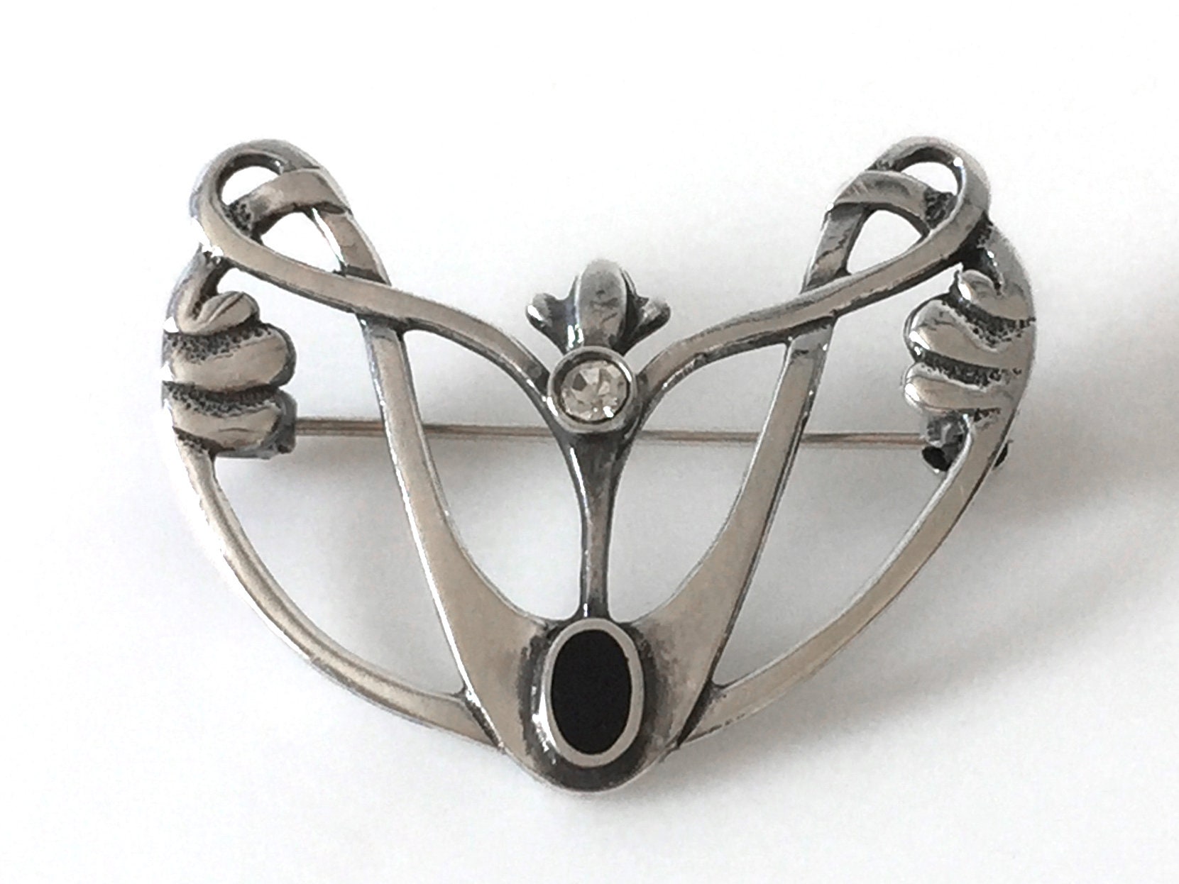 Broche Art Nouveau - Cristaux Strass Blancs Et Saphir Noir - Grande Taille - Neuf Sans Emballage