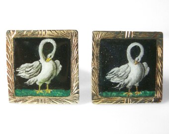 Square Enamel Vermeil 800 Silver Swan Cufflinks