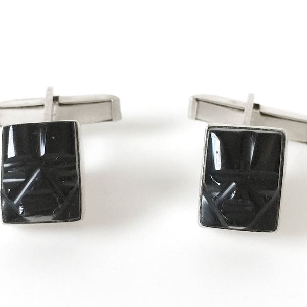 Petite Vintage Carved Black Onyx Mayan Tribal Face Sterling Silver Cufflinks Made in Mexico
