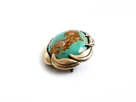 Antique Gilt Sterling Silver Turquoise Oval Brooch View 4