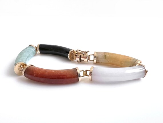 14K Gold and Multi Colored Jade and Onyx Bracelet - image 5