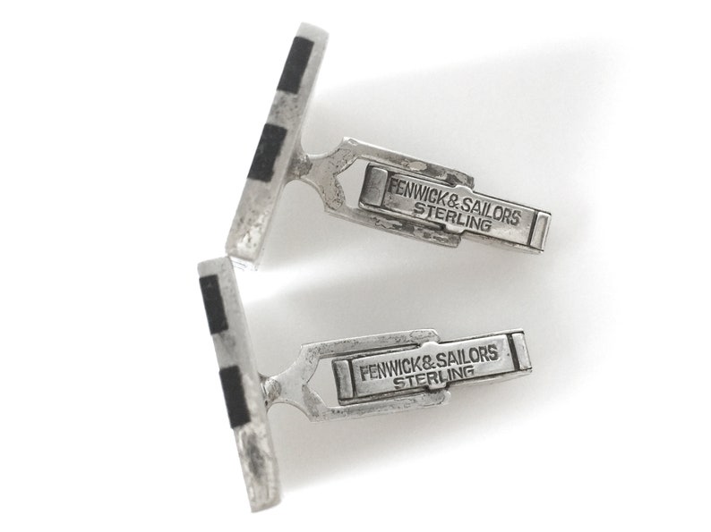 Fenwick And Sailors Sterling Silver Square Cuff Links With Diagonal Wood Inlay