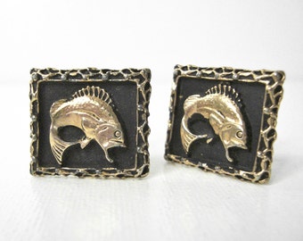 Vintage Gold Tone Rectangle Cuff Links With Jumping Fish With Black Accents